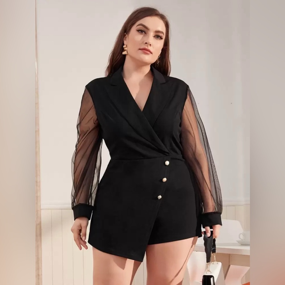 SHEIN Black Romper w/ V Neck Collar Sheer Sleeves & Gold Button Detail Sz 3XL